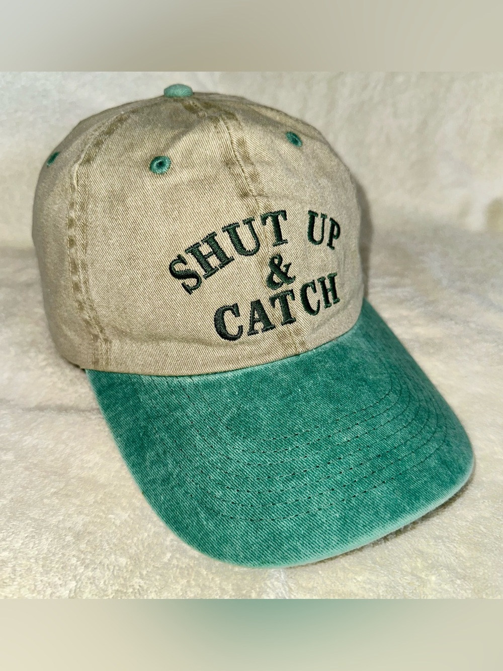 Shut Up And Catch Hat Twill Fishing Dad Cap Two Tone Green Khaki Adjustable